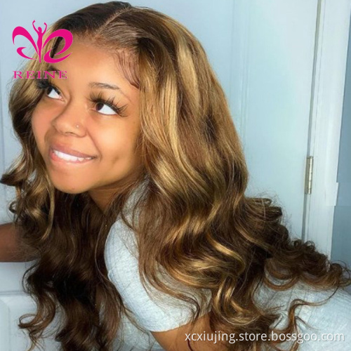 REINE Design Honey Blonde Highlight Wigs,Color 4/27 Highlight Lace Frontal Human Hair Full Lace Frontal Wigs,Brown Highlight Wig